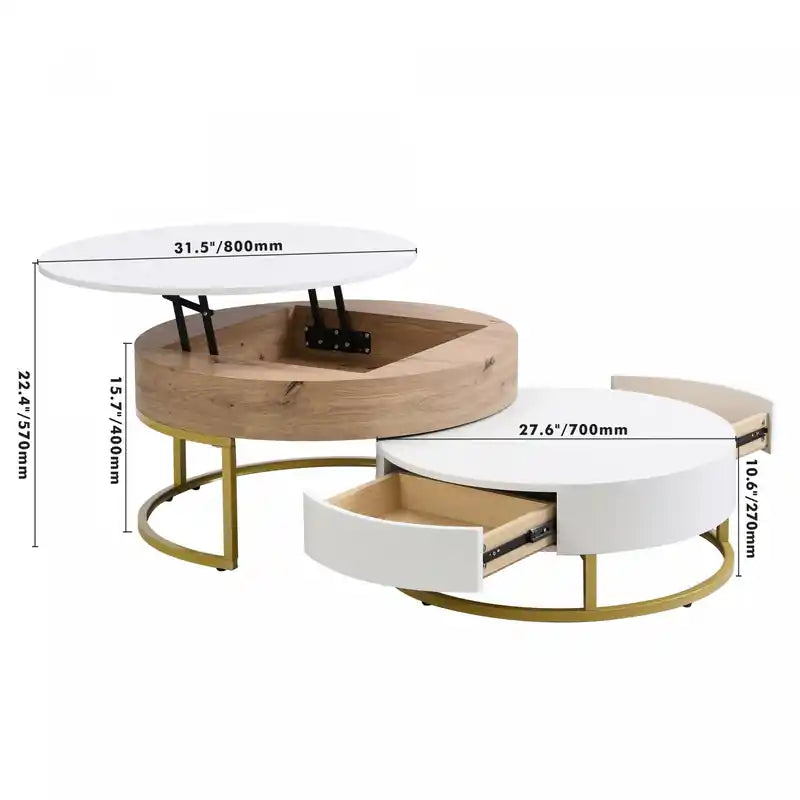 Table basse gigogne relevable de 31,5 po en bois manufacturé avec tiroirs