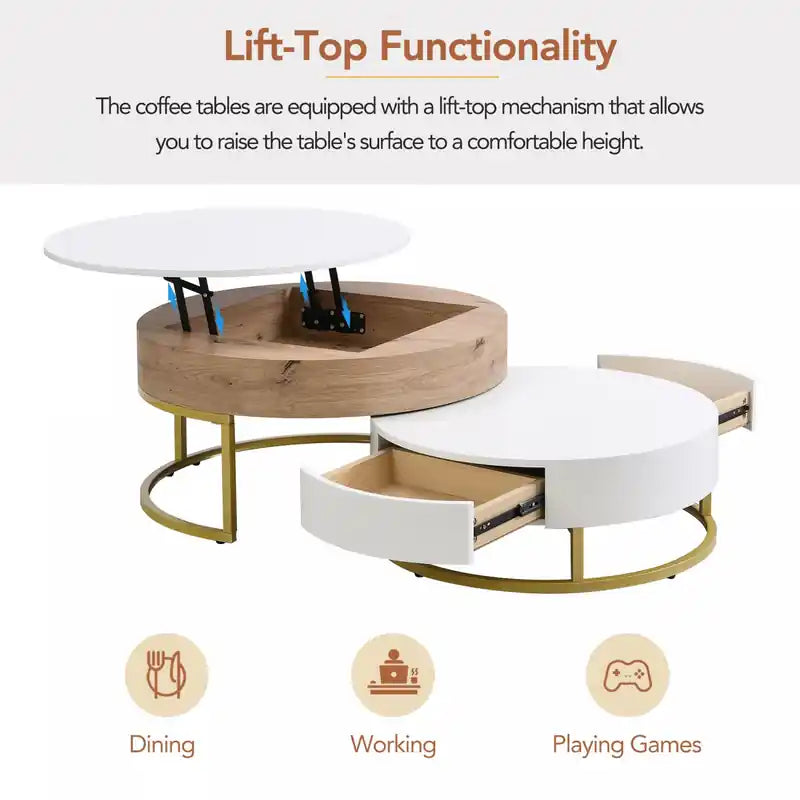 Table basse gigogne relevable de 31,5 po en bois manufacturé avec tiroirs