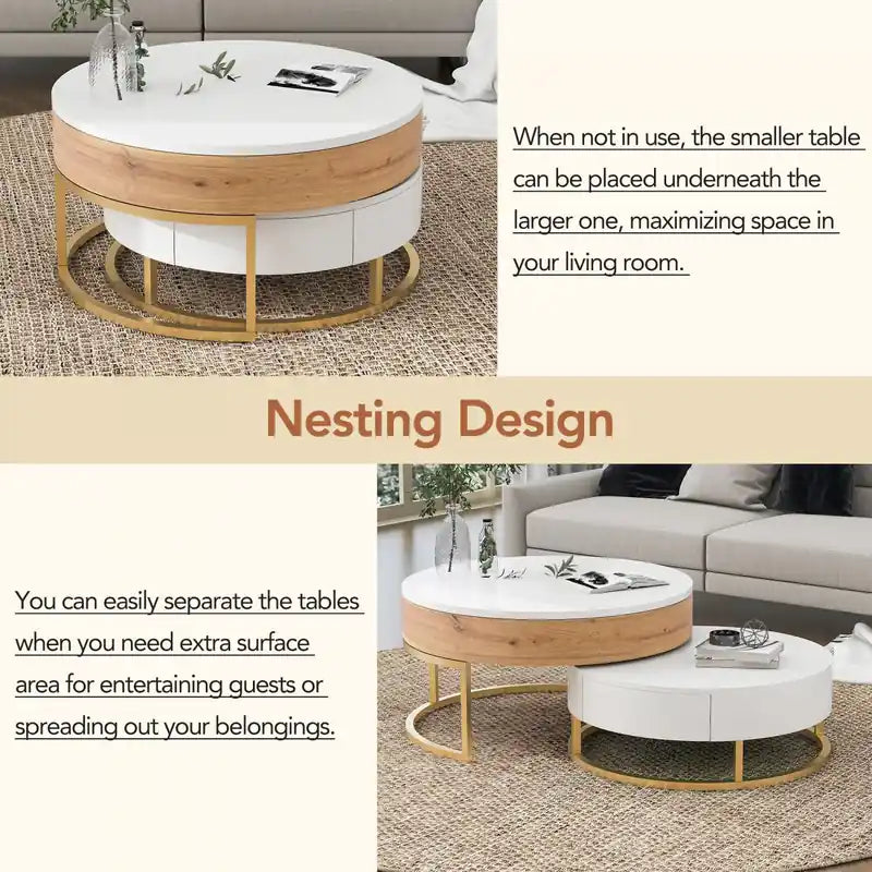 Table basse gigogne relevable de 31,5 po en bois manufacturé avec tiroirs