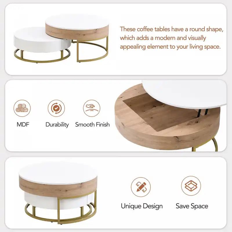 Table basse gigogne relevable de 31,5 po en bois manufacturé avec tiroirs