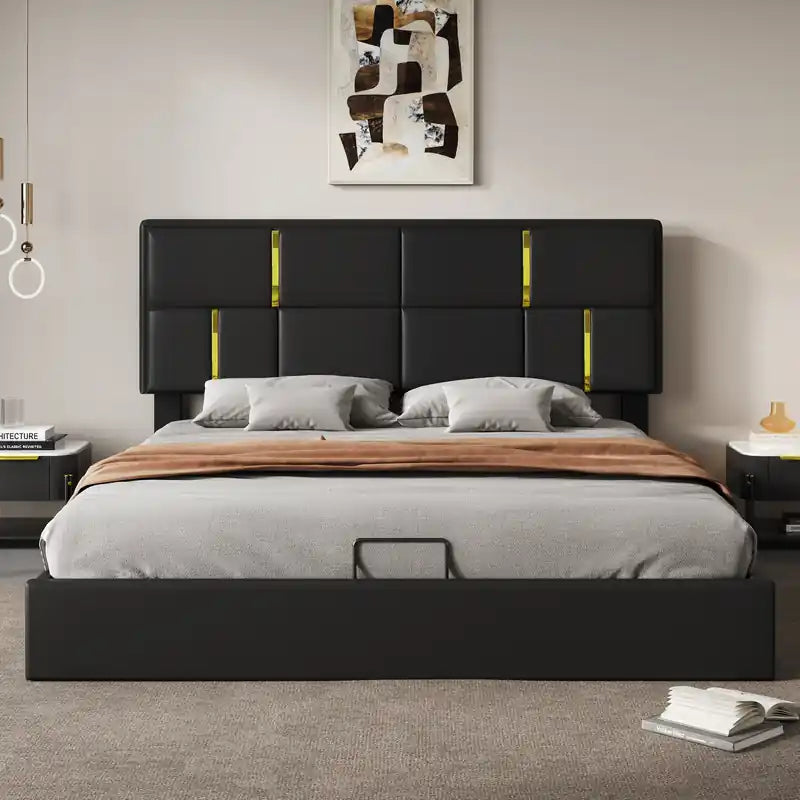 Lit plateforme rembourré avec rangement hydraulique et cadre en velours, grand lit (Queen Size), lit Queen noir