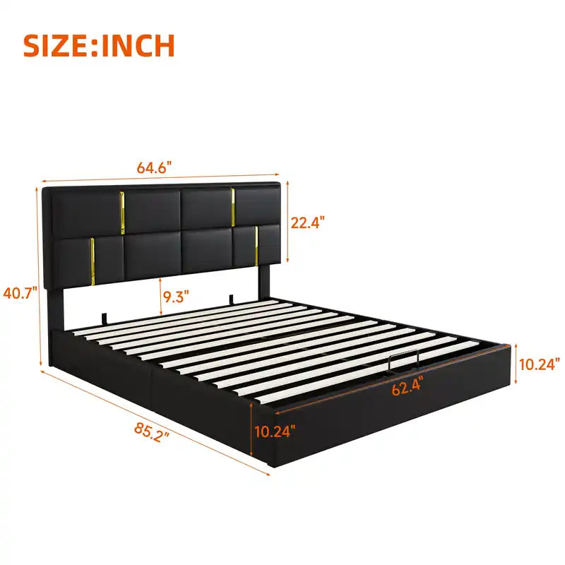 Lit plateforme rembourré avec rangement hydraulique et cadre en velours, grand lit (Queen Size), lit Queen noir