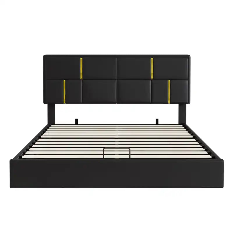 Lit plateforme rembourré avec rangement hydraulique et cadre en velours, grand lit (Queen Size), lit Queen noir