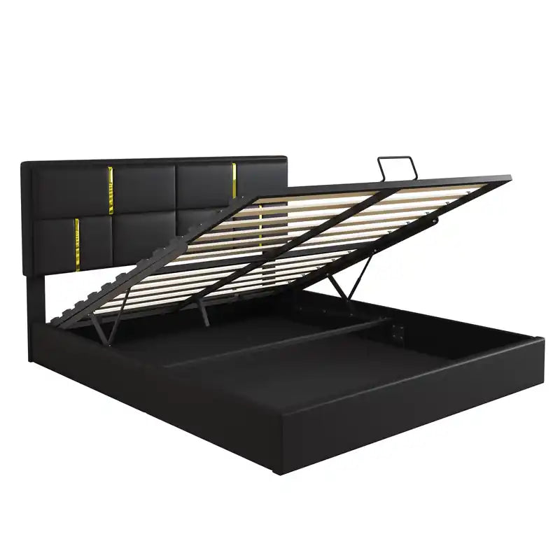 Lit plateforme rembourré avec rangement hydraulique et cadre en velours, grand lit (Queen Size), lit Queen noir