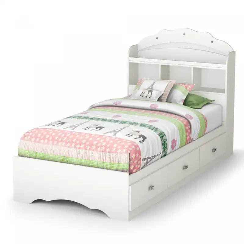Tiara Mates Bed With Bookcase Headboard Set - Pure White