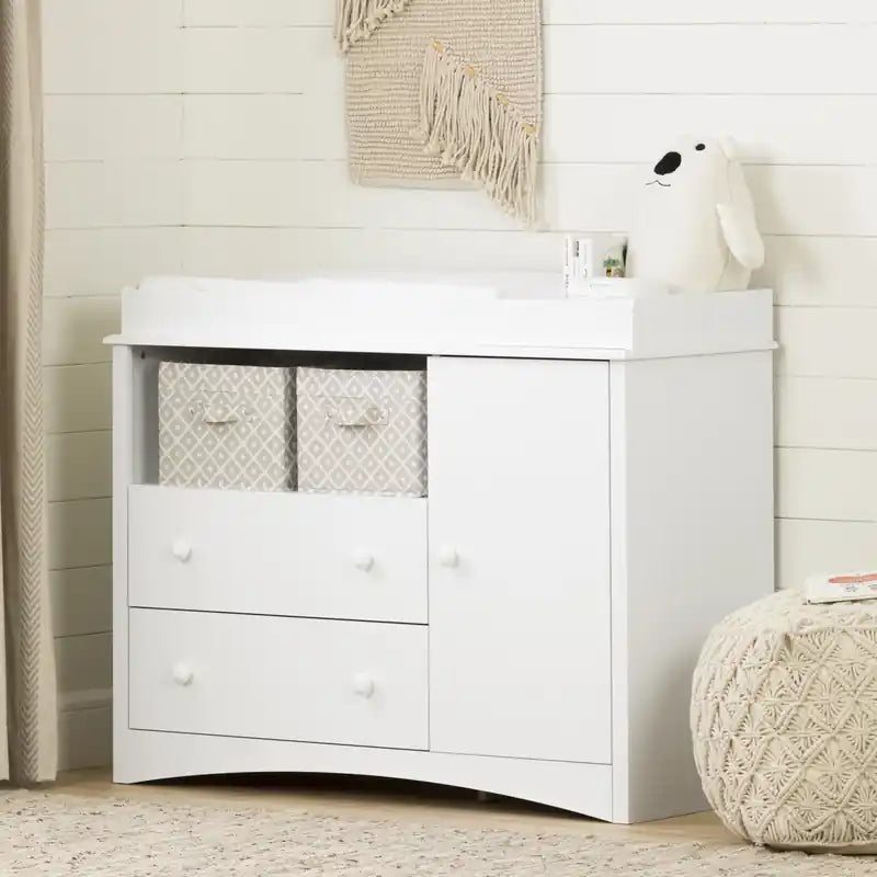 Table à langer Peek-a-boo avec tiroirs et espace de rangement ouvert – Blanc pur