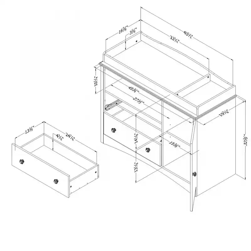 Table à langer Peek-a-boo avec tiroirs et espace de rangement ouvert – Blanc pur