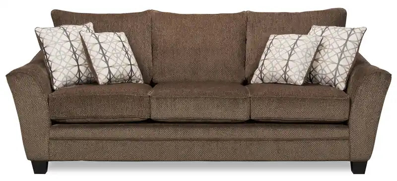 Made in Canada Febe 100 Chenille Fabric Sofa with Flared Arms and Accent Pillows