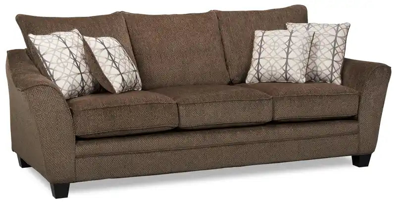 Canapé 100 % chenille fabriqué au Canada avec accoudoirs évasés et coussins décoratifs