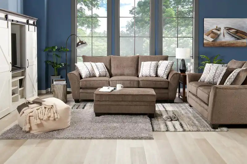 Canapé 100 % chenille fabriqué au Canada avec accoudoirs évasés et coussins décoratifs