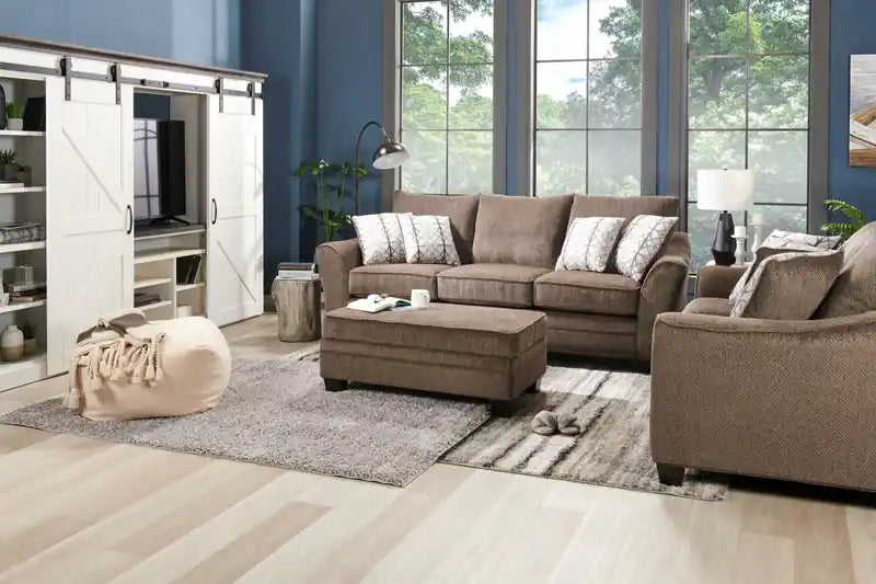 Canapé 100 % chenille fabriqué au Canada avec accoudoirs évasés et coussins décoratifs