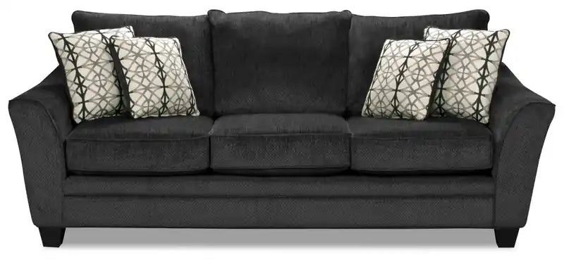 Canapé 100 % chenille fabriqué au Canada avec accoudoirs évasés et coussins décoratifs