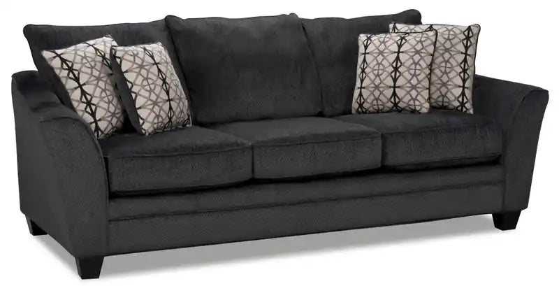 Canapé 100 % chenille fabriqué au Canada avec accoudoirs évasés et coussins décoratifs