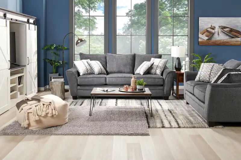 Canapé 100 % chenille fabriqué au Canada avec accoudoirs évasés et coussins décoratifs