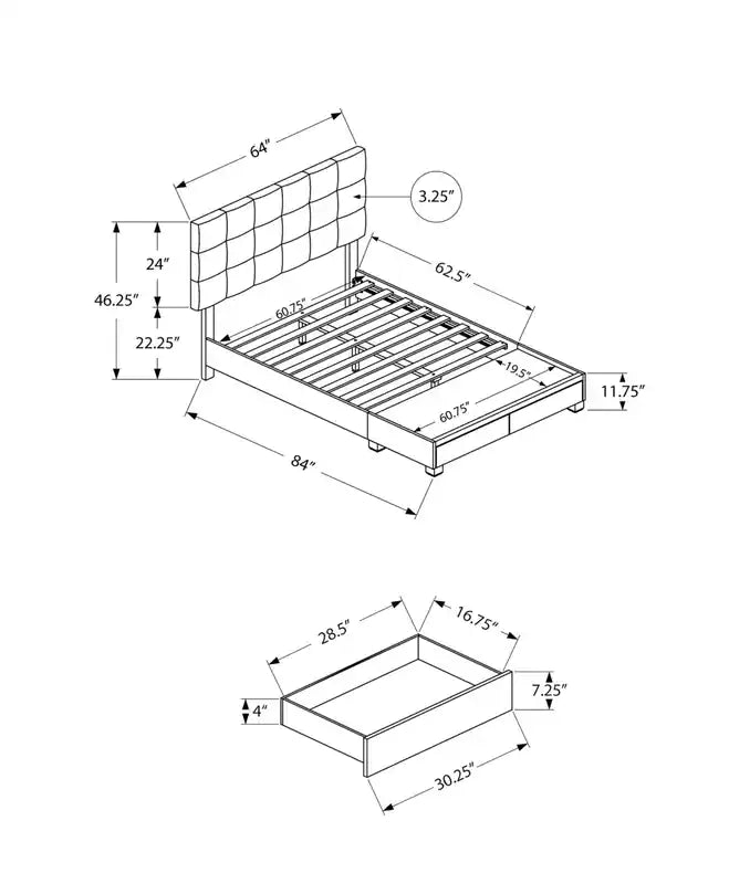 Lit plateforme capitonné Minka en tissu gris, capitonné