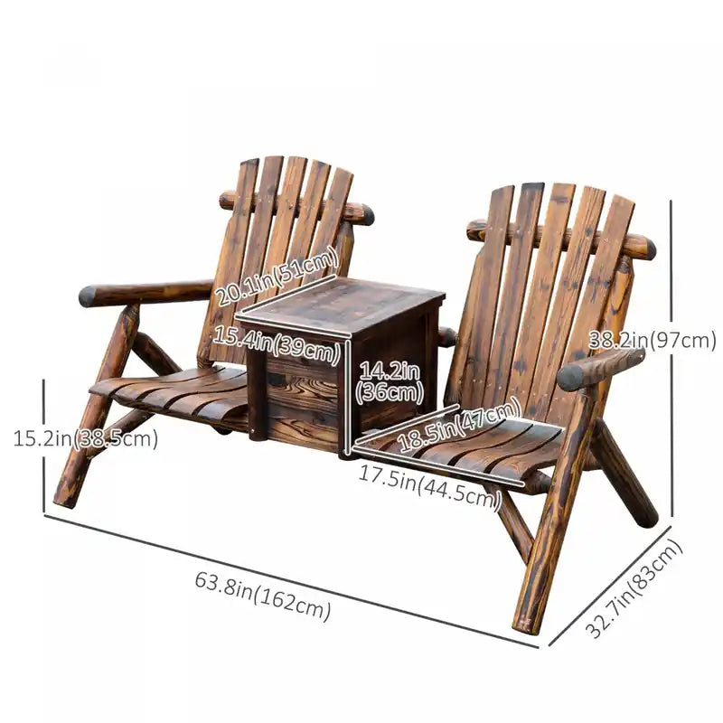 Outsunny 64 Double Wooden Garden Bench With Table, Rustic Brown