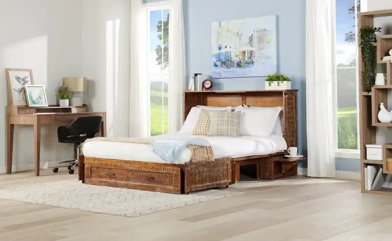 Lit-coffre Parker avec matelas en mousse à mémoire de forme, brun patiné