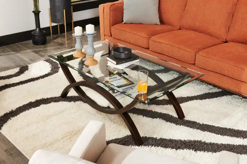 48 Table basse moderne avec plateau en verre - Verre avec pieds finition espresso