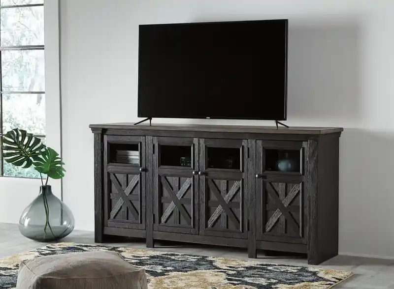Meuble TV traditionnel de 74 po avec rangement et passe-câbles pour téléviseurs jusqu'à 85 po - Gris noir
