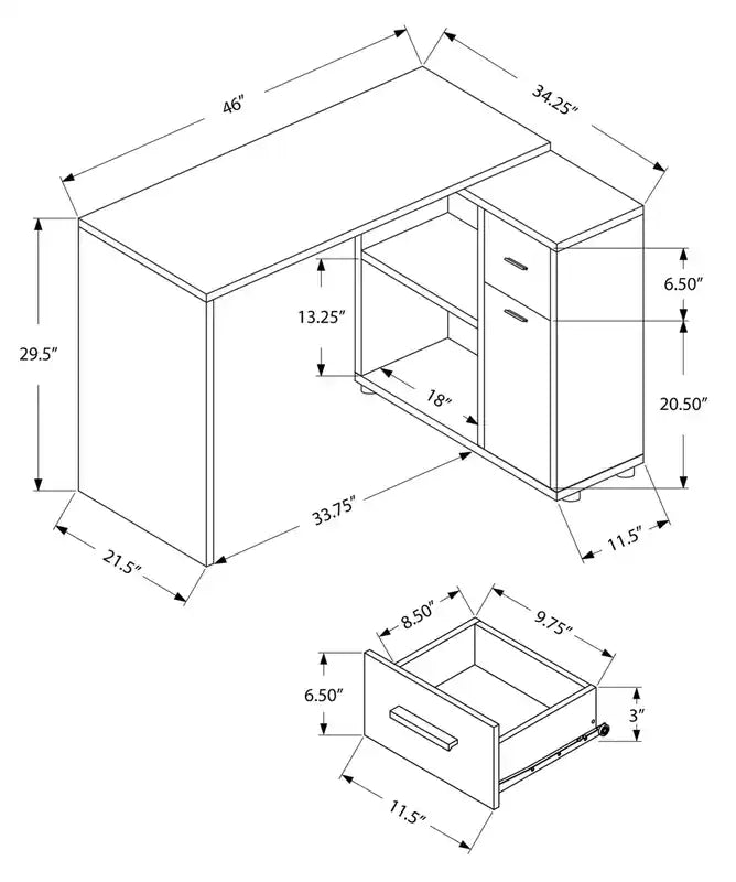 Bureau d'angle de 117 cm avec casiers, tiroir et meuble de rangement
